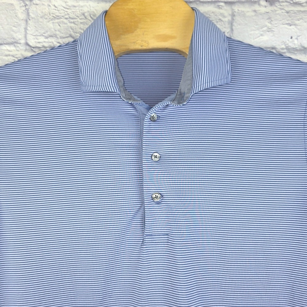 Greyson Mens Blue White Striped Performance Golf Polo Shirt Wolf Logo Sz Large